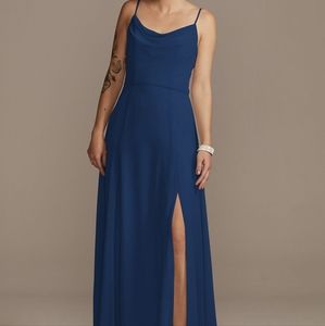 NWT - Cowl Neck Chiffon Bridesmaid Dressd with slit - color Marine